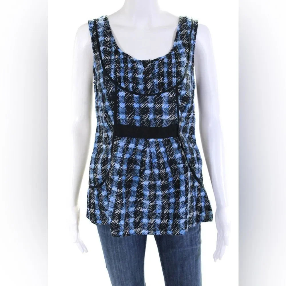 Odille Anthropologie Size 8 Silk/cotton blend Plaid Sleeveless Tank Top Blue